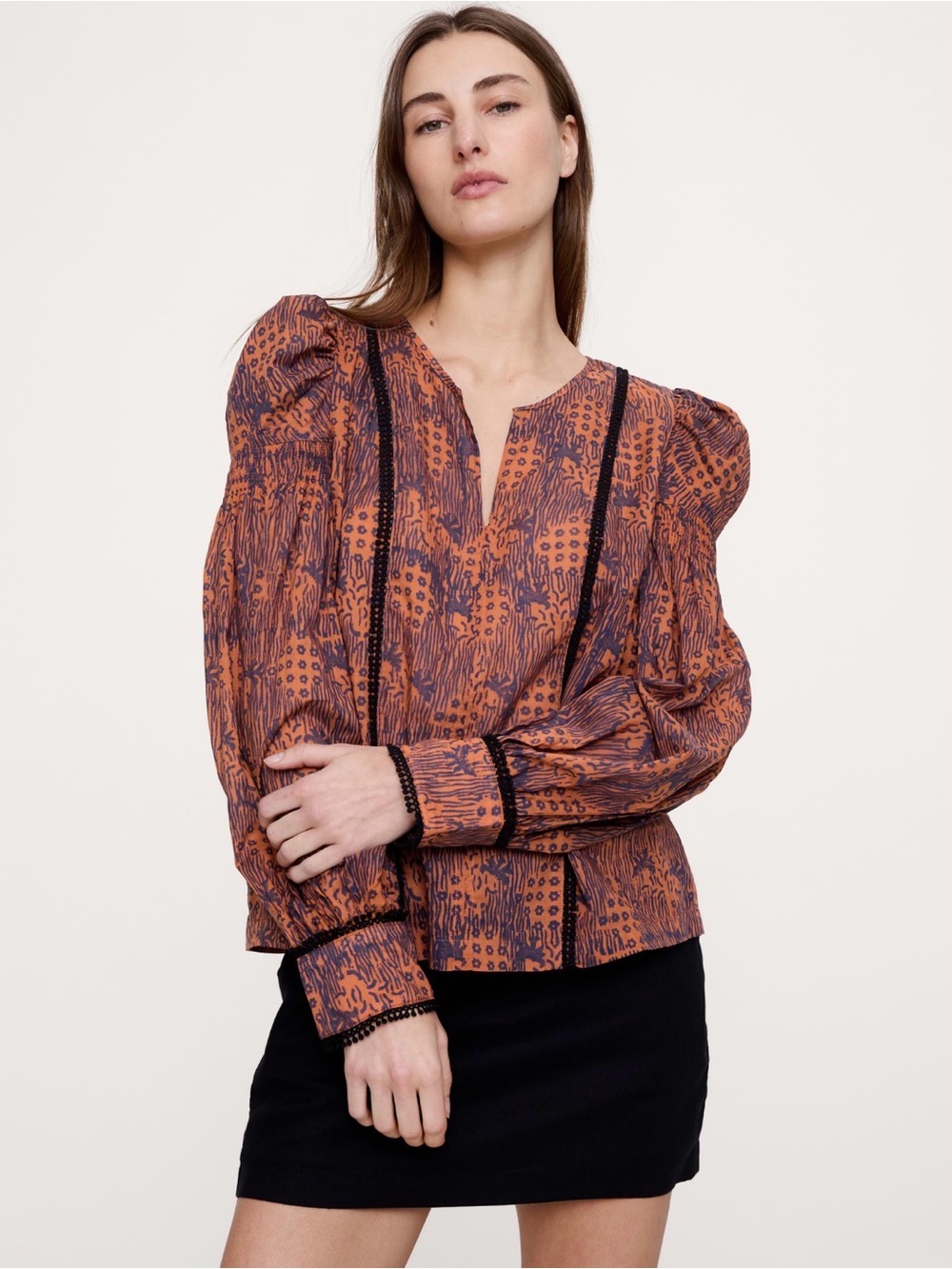 Banana Republic Lightweight cotton Puff-Sleeve Blouse Extra Small Orange Block